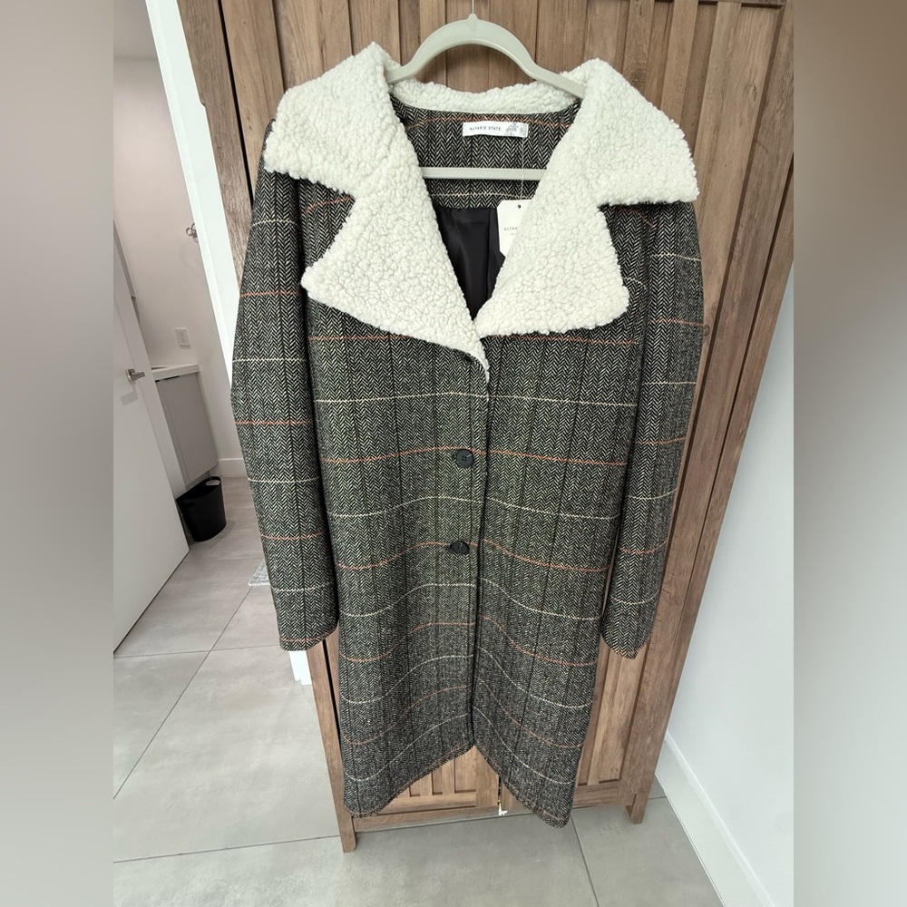 Altar'd State Women's Plaid Coat with Shearling Collar